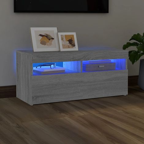 Meuble TV - Armoire de salon Banc TV avec lumières LED Sonoma gris 90x35x40 cm -FR14374 (1/5)