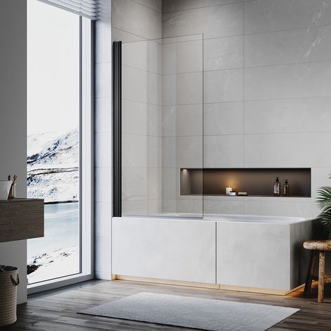 ELEGANT Shower Bath Screen 800x1400mm Frameless Square 5mm Toughened Safety Glass 180 Degree Pivot, Matt Black