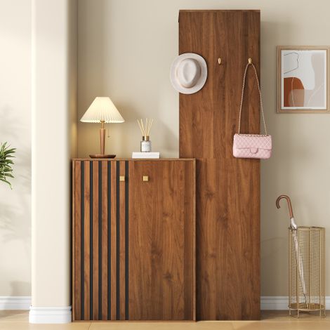 Modernluxe - Ensemble vestiaire d'entrée - Meuble à chaussures+Porte-manteau - Avec tringle et crochets - MDF - Noyer (Perçage requis) (1/5)