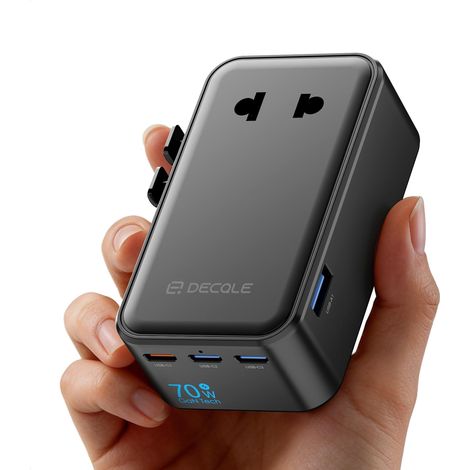 Adaptateur Prise Universelle avec 3 USB-C(GaN 70W) ＆ 1 USB-A  Mince Adaptateur Voyage International, PAS un Convertisseur de Tension, Pour USA, UK, EU, AU ＆ 200+ Pays (Noir) (1/5)