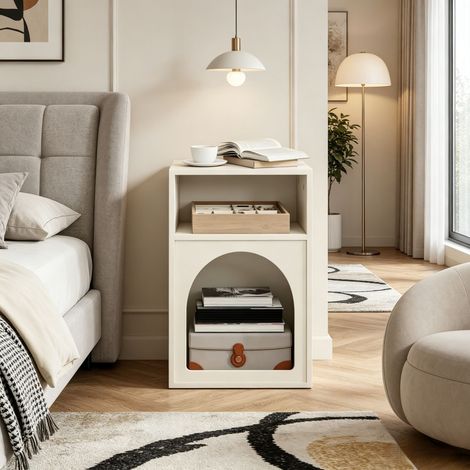 Mesita de noche con compartimentos de almacenamiento abiertos, diseño moderno y curvo, mesa auxiliar para el dormitorio (solo incluye 1 mesita de noche). (1/5)