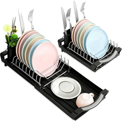 Compact Stainless Steel Dish Drainer 29.5-49.5 cm Extendable Dish Drying Rack with Cutlery Holder and Angled Draining Tray, Drying Rack for Kitchen Sink, Plate, Cup (1/5)