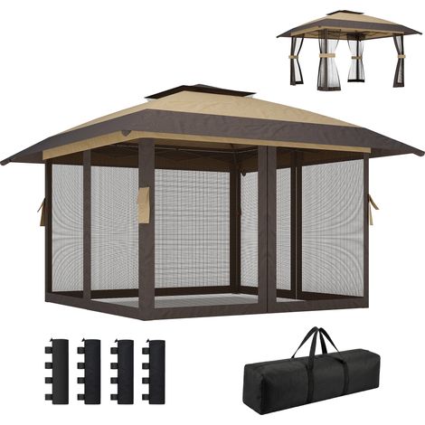 Outsunny Gazebo Pieghevole 4 x 4 m da Giardino, Cachi e Marrone
