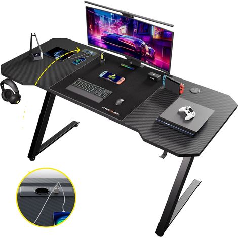 Bureau de jeu, surface en fibre de carbone, design en Z, Avec prise (1/2)