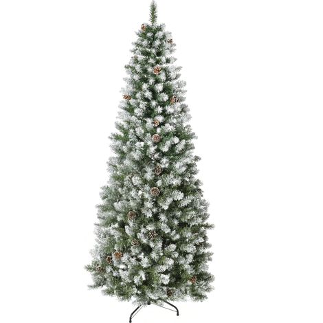 Sapin Noël artificiel enneigé 180cm 630 branches 37 pommes de pin plastique métal base amovible, vert blanc