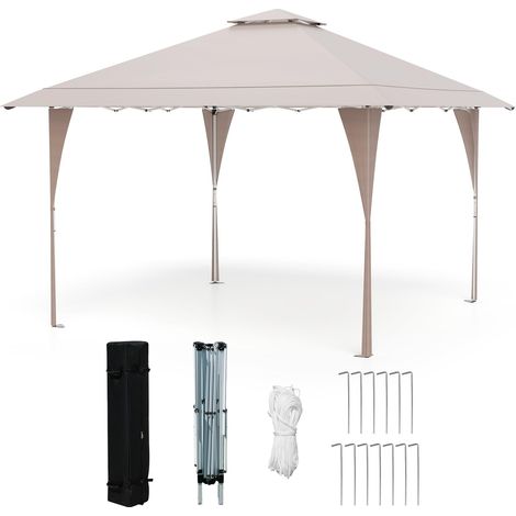COSTWAY Tenda Pop-up Esterno 4x4 m Doppio Tetto, Gazebo da Giardino Altezza Regolabile con Fori di Drenaggio, Tenda da Giardino Antivento Facile da Montare con Borsa di Trasporto (Kaki) (1/5)