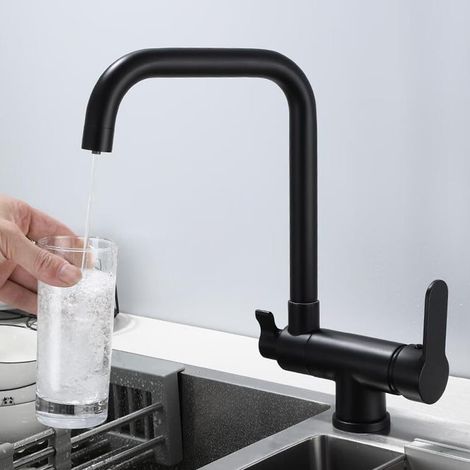 Robinet Cuisine 3 Voies Pivotant 360°, Mitigeur Cuisine Rabattable 2 Poignées, Robinet de Cuisine 3 Voies Laiton-Noir (1/5)