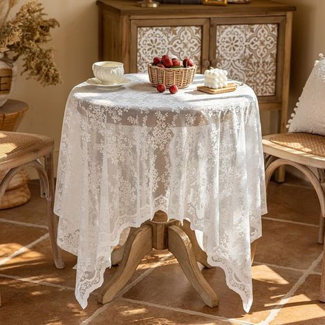 Nappe ronde en dentelle 140 cm - Motif floral brodé vintage (140 x 140 cm, blanche) (1/5)