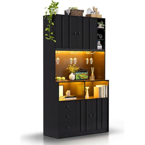 CHICFURN Meuble colonne cuisine 180 cm avec LED RGB, prise intégrée, range-bouteilles, porte-verres et vitrine en MDF noir pour cuisine et salle à manger (1/5)