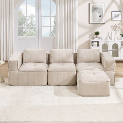Sofá esquinero modular con puff 271x162 cm de poliéster beige HAVRYA (1/5)
