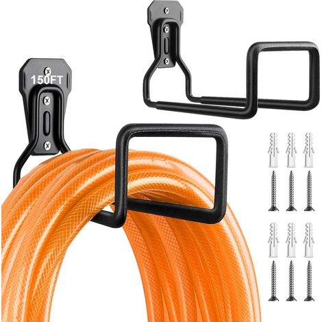 Wandhalterung für Gartenschläuche aus Metall (2er-Pack – Schwarz), robust und langlebig, mit 6 Schrauben und 6 Trockenbaudübeln, ideal für Garten, Hof oder Garage.