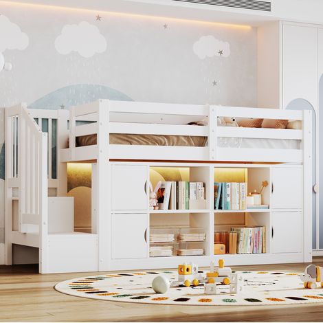 Lit mezzanine enfant 90x200 cm en bois/MDF blanc, rangement, gain de place, sans matelas – MEUBLIV (1/5)