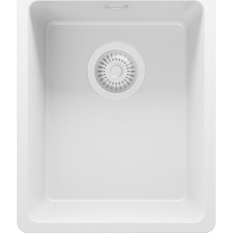PRIMAGRAN Evier Sous Plan 36x44cm, Evier en Granit 1 bac + Kit de Vidage, Évier au meuble 40cm - Venise Easy, Tout Blanc (1/5)