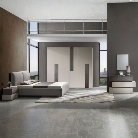 Camera da letto Kendra con letto contenitore imbottito e armadio 6 ante battenti colore tortora noce