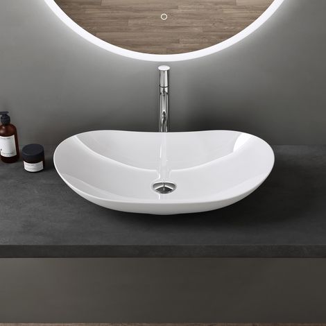 doporro Lavabo da Appoggio Ovale in Ceramica Bianco Lucido 63 cm, Lavandino Bagno Moderno Effetto Loto, Senza Foro Rubinetto - Brüssel858