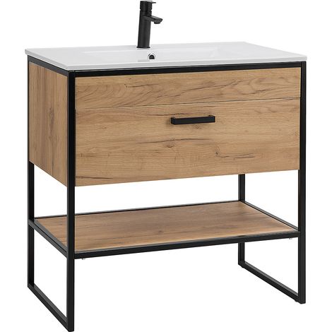 Waschtisch mit Keramik-Becken Industrial-Style MANHATTAN-56 in Gold Craft Oak Eiche schwarz B/H/T: 80/85/46cm (1/5)