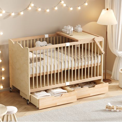 Lit bébé 140x70 cm en bois de pin naturel, table à langer, gain de place, sans matelas – MEUBLIV (1/5)