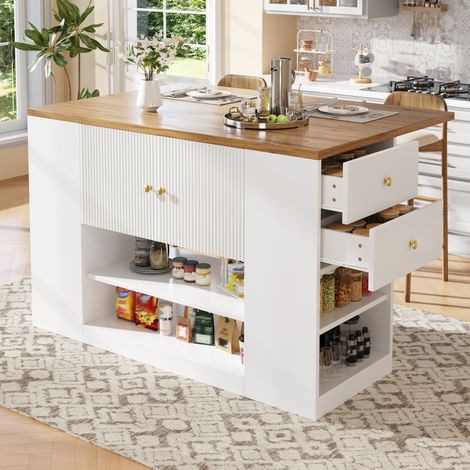 Mueble de cocina isla central plegable 140 x 70 x 90 cm, MDF y metal, blanco DESVIAE (1/5)