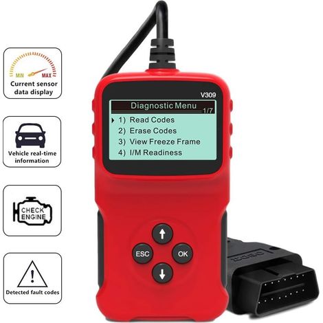 OBD2 Diagnosegerät Scanner, Universal Auto Diagnosegerät Fehlercode Leser Adapter V309 für alle OBDII Protokolle, Check Engine Light, I/M Bereitschaft Smog Check, HD LCD Display