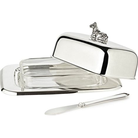 Beurrier avec Couteau à Beurre Motif Vache Argenté et Insert en Verre 13 x 18 cm - PANGIVO