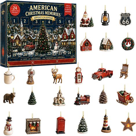 Calendrier de l'Avent 2026 souvenirs de Noël américain rétro - 24 pièces décorations suspendues en acrylique plat 2D à dessins de Noël traditionnels - compte à rebours de Noël - décoration de fête pou (1/4)