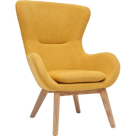 Fauteuil scandinave en tissu effet velours jaune moutarde et bois ESKUA