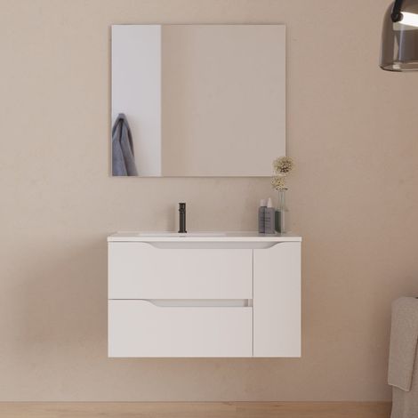 Meuble de salle de bain 80cm avec vasque déportée à gauche et miroir - 2 tiroirs et un placard - blanc - ZARZA (1/5)