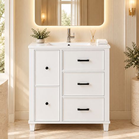 Mobile bagno con lavabo 76,5x47x83,5 cm in MDF e ceramica bianco con contenitori – MEUBLIV (1/5)