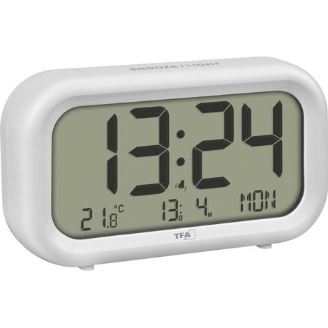 TFA Dostmann Sveglia digitale NOCTA, 60.2052.02, display LCD con ampio display dell'ora, funzione snooze, temperatura ambiente, indicazione del giorno della settimana con data, allarme forte, bianco (1/5)