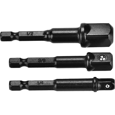 3-teiliger schwarzer Steckschlüsseladapter von 1/4"-Sechskant auf 1/4", 3/8" und 1/2"-Vierkant-Schraubendreher (1/5)