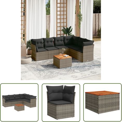 The Living Store 7-tlg. Garten-Sofagarnitur mit Kissen Grau Poly Rattan - Gartenmöbel Set - Esszimmergarnitur Outdoor - Rattan Möbel - Lounge Sofa - Balkonmöbel (1/5)