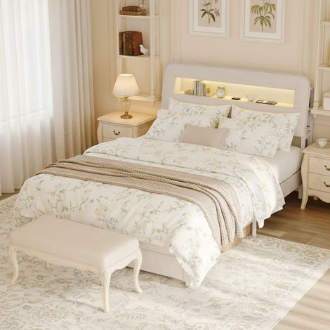 Doppelbett 140x200 cm - mit gepolstertem Kopfteil - 2 Schubladen - verstellbarer LED-Beleuchtung - USB-Ports - Samtrahmen - Lattenrost - Multifunktionales Erwachsenenbett - Beige
