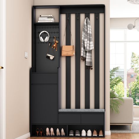 Vestiaire d'Entrée Multifonction - 100x35x180cm - avec Banc Rembourré, Meuble à Chaussures et Panneau Perforé - Moderne - Noir (1/5)