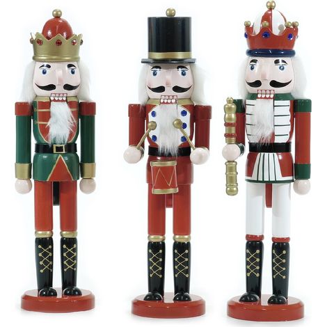 Set di 3 soldatini schiaccianoni natale h38 in legno dipinti a mano da collezione re reale con scettro tamburello natalizi (1/5)