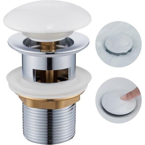 Ablaufgarnitur mit Überlauf, Pop-up-Ablaufgarnitur mit Keramikdeckel, G1 1/4" Universal-Ablaufgarnitur für Bad und WC, weiß