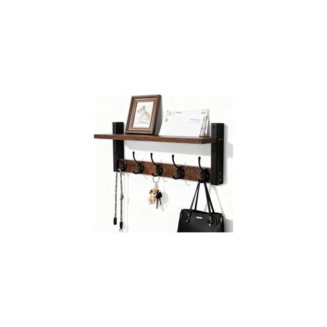 Porte-manteau Mural Avec Étagère Et 5 Crochets, Patère Murale 43.5 Cm Range Clés Et Courrier, Meuble Mural Pour Entrée Salon Chambre Cuisine Et Buanderie