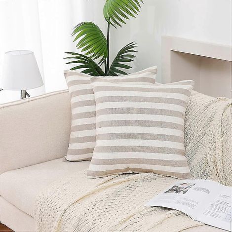 Housses de coussin à rayures beiges, lot de 2, texture lin décorative style champêtre (1/5)