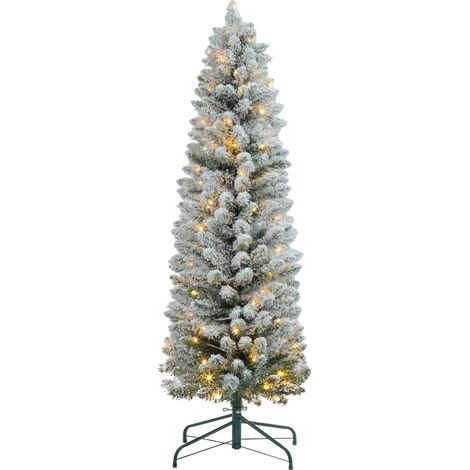 Árbol de Navidad 150 cm árbol de Navidad artificial nevado con 120 luces LED 263 ramas y patas de metal árbol navideño para salón verde y blanco (1/5)