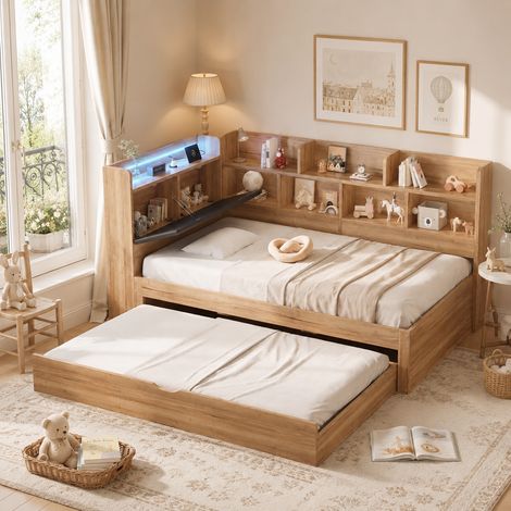 Lit enfant 90x200 avec rangement, éclairage LED et ports USB, lit gigogne 90x190cm, lit de jour L-shaped avec étagères, couleur naturelle (1/5)