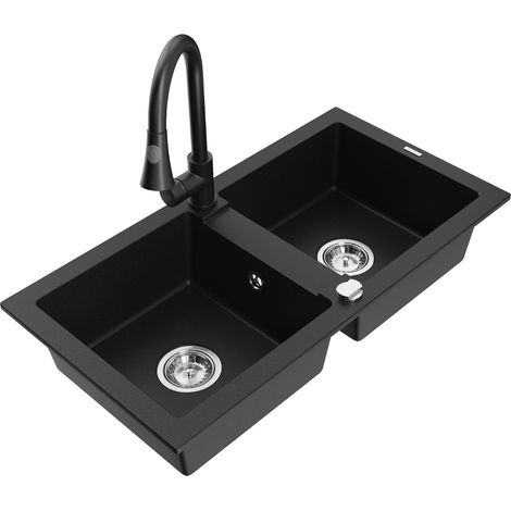 Mexen Mario 2-Becken-Granitspüle mit Mischbatterie Elia, Schwarz - 6504-77-670101-70 (1/5)