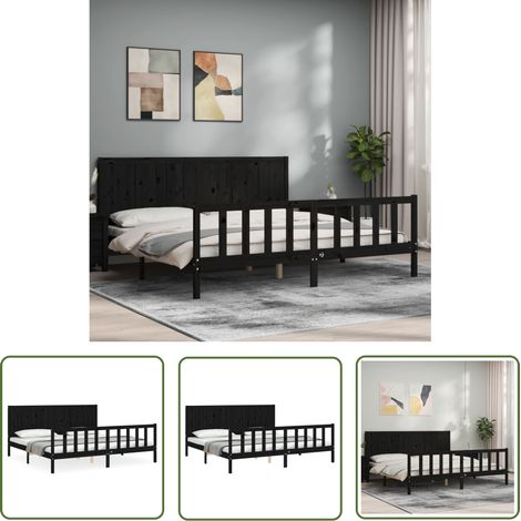 The Living Store Cadre de lit sans matelas noir 200x200 cm bois massif de pin - Cadre De Lit - Lit Double - Lit En Bois - Lit Noir - Meuble Chambre (1/5)
