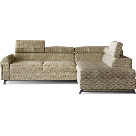 Canapé angle droit convertible tissu beige chiné avec têtières réglables Nikos 265cm (1/5)