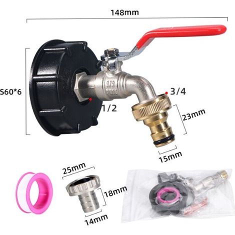 Robinet pour réservoir de 1000 litres (L), robinet universel pour raccord de tuyau 1/2", sortie de vanne à boisseau sphérique IBC et adaptateur pour robinet pour tuyau d'arrosage.