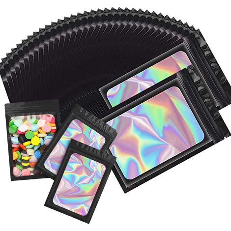 OZCHIN Lot de 100 sachets Mylar holographiques avec fenêtre transparente, refermables et à fermeture zip, pour le rangement d'aliments, de bijoux et d'appareils électroniques. (1/5)
