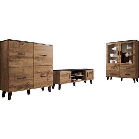 Conjunto de salón Larfloi 113, Roble wotan + Negro