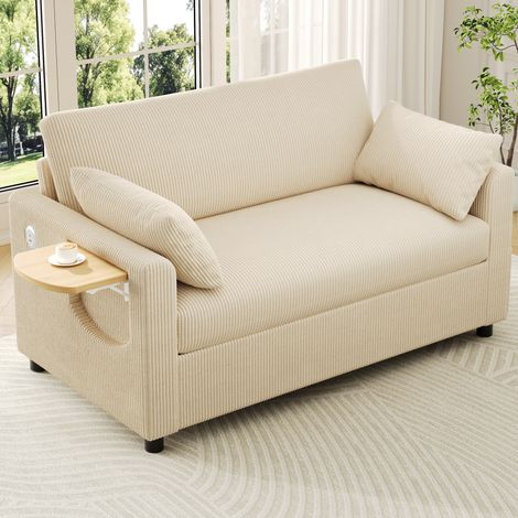 canapé lit 134 cm 2 places cord extensible beige USB OKMYHOME (1/5)