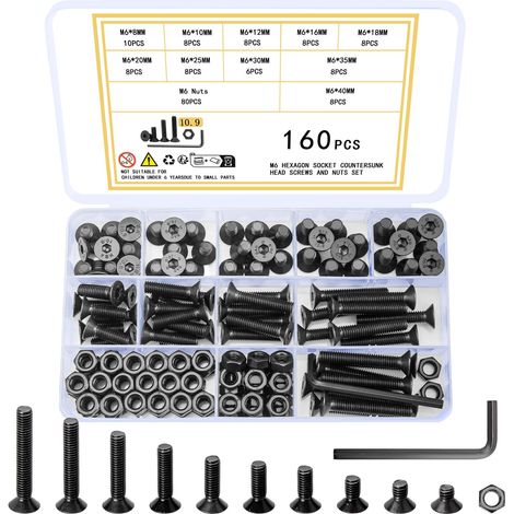160 Pcs M6 Vis à Tête Fraisée à Six Pans Creux, Vis Boulons et Écrous Kit, Boulons Vis à Tête Creuse Hexagonale, Vis à Tête Plate Hexagonale Assortiment Kit(Argent M6 160) (1/5)