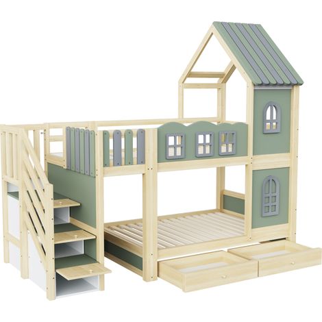 Kinder-Etagenbett 90 x 200 cm mit Dach, Fenstern, Ausziehbett und Schublade, grün (1/5)