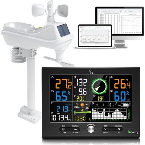 7-en-1 Station Meteo Intérieur Extérieur San Fil 7,6" Avec DCF, Station Météo Avec Pluie, Vent, Température, Humidité, Prévisions, Pression pour Jardin et Balcon, Logiciel Windows (1/5)