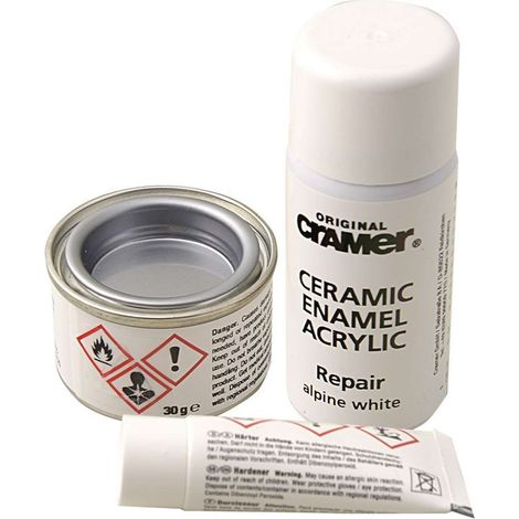 Kit de réparation céramique, émail, acrylique – Mastic bi-composant, durcisseur, peinture aérosol – Pour 7 réparations – Couleur blanche – Cramer